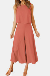Round Neck Top and Wide Leg Pants Set Watermelon pink OutfitFlow